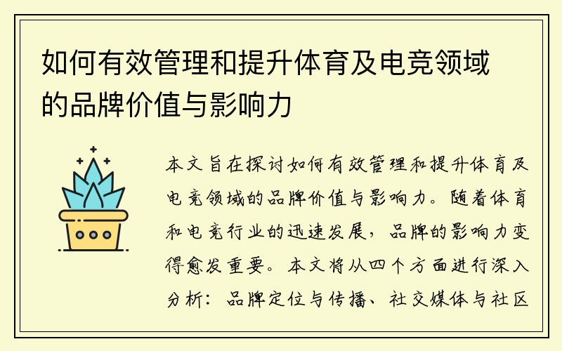 如何有效管理和提升体育及电竞领域的品牌价值与影响力