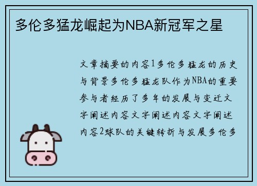 多伦多猛龙崛起为NBA新冠军之星