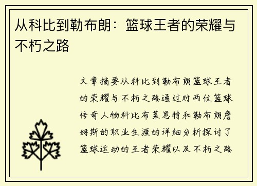 从科比到勒布朗：篮球王者的荣耀与不朽之路